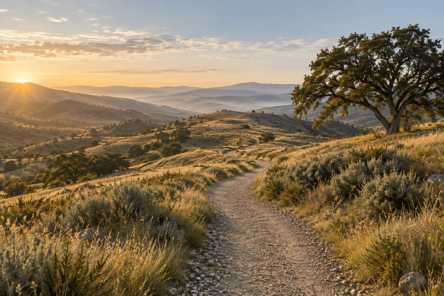 An illustrative gravel trail winding through golden hills toward the morning light